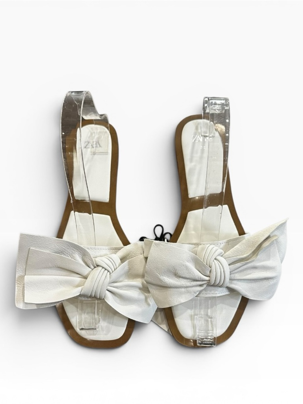 Zara Leather Flat Sandals White Large Bow Airfit Extra Comfort Size 7.5 NWT